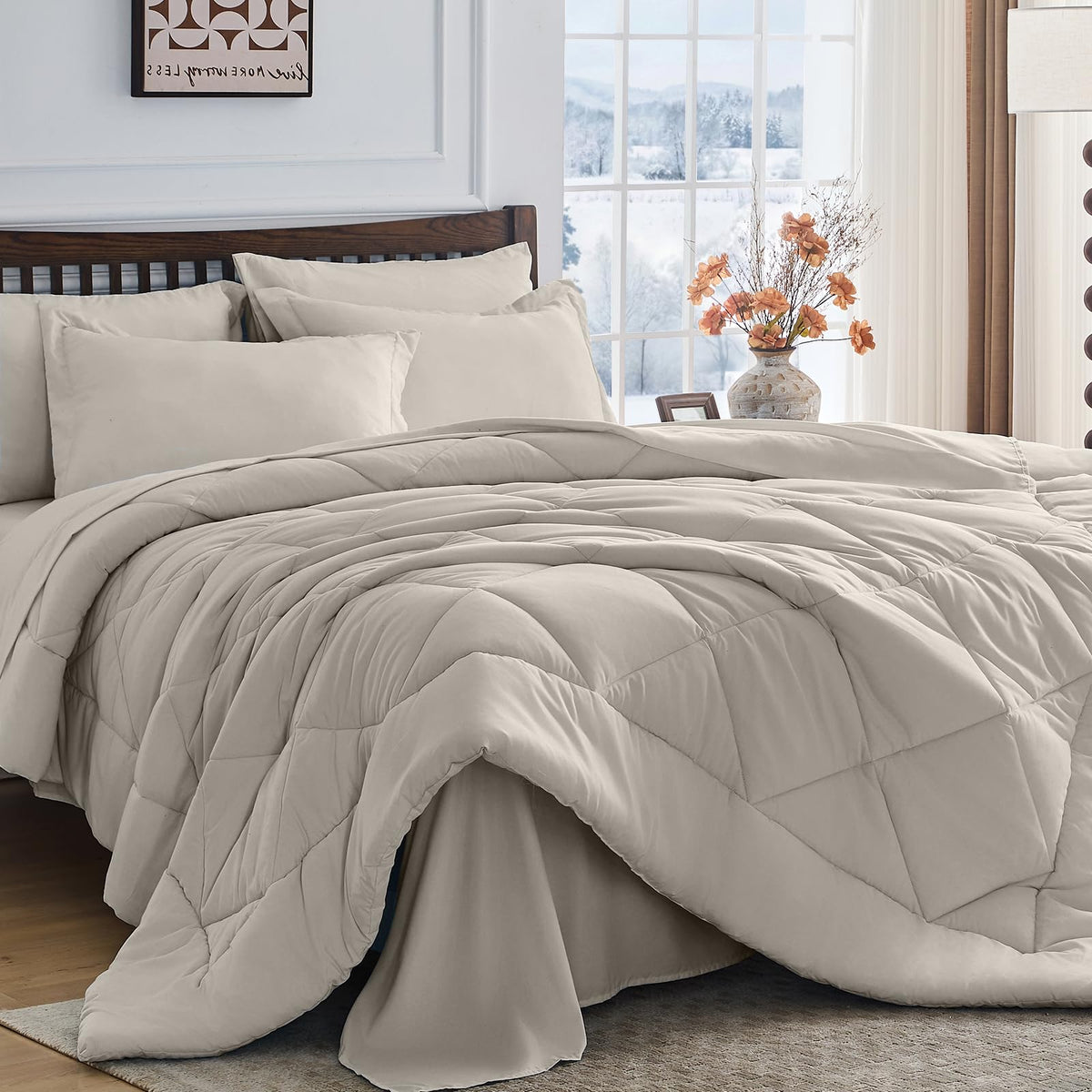 HEVUMYI Oatmeal Queen Comforter in cloud-soft microfiber for plush warmth.