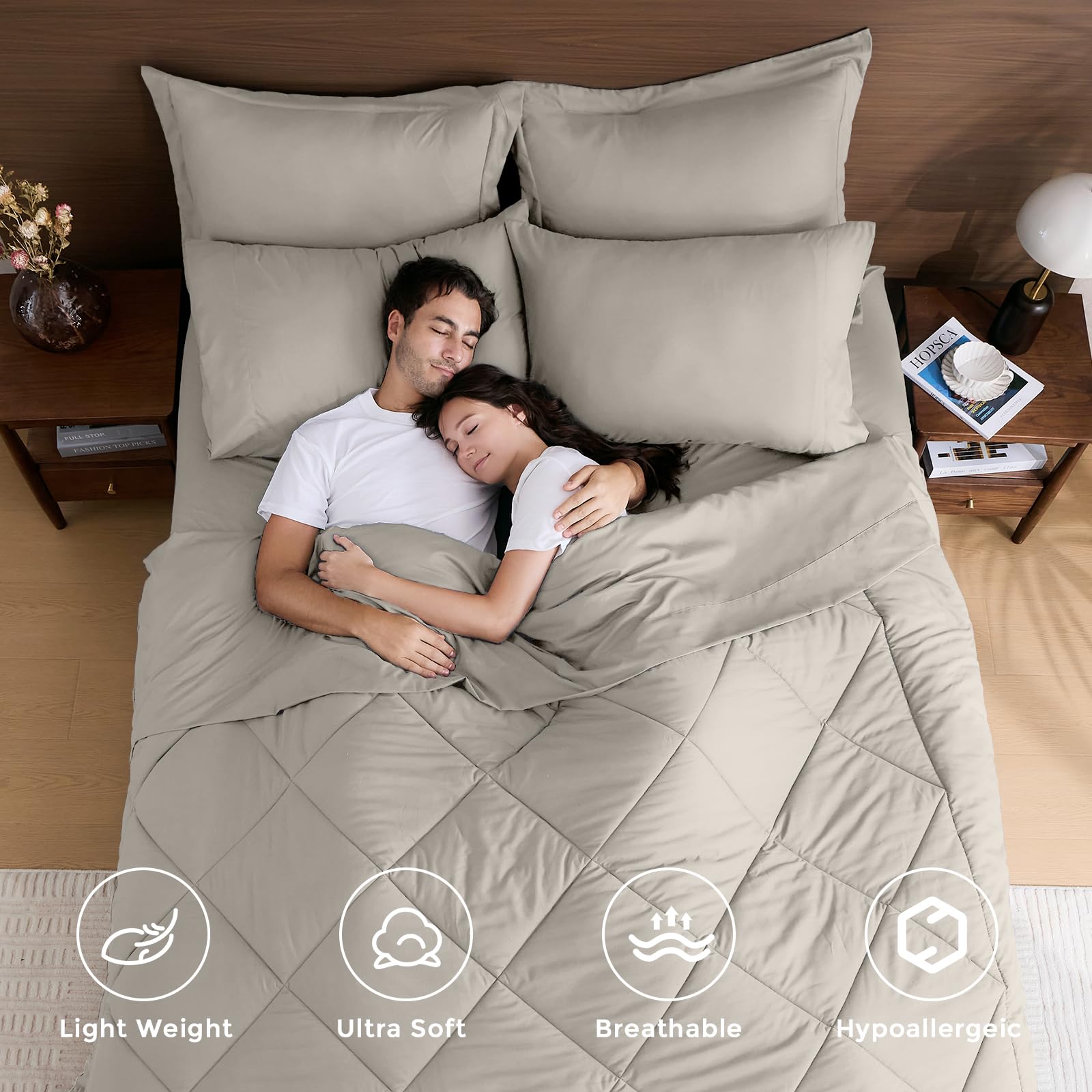 HEVUMYI Oatmeal Queen Flat Sheet offers breathable comfort and smooth layering.