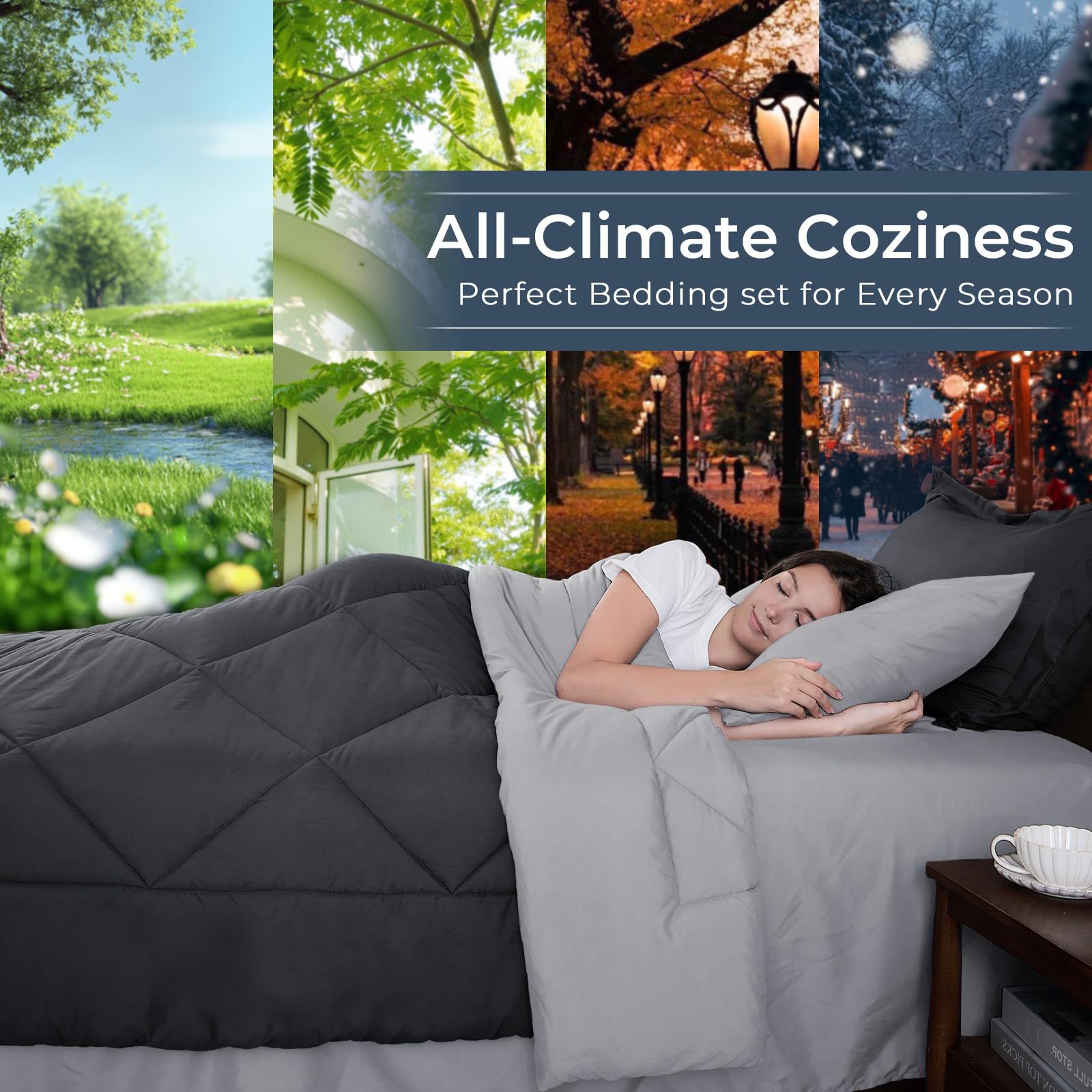 HEVUMYI Queen bed-in-a-bag layout reveals complete seven-piece setup.