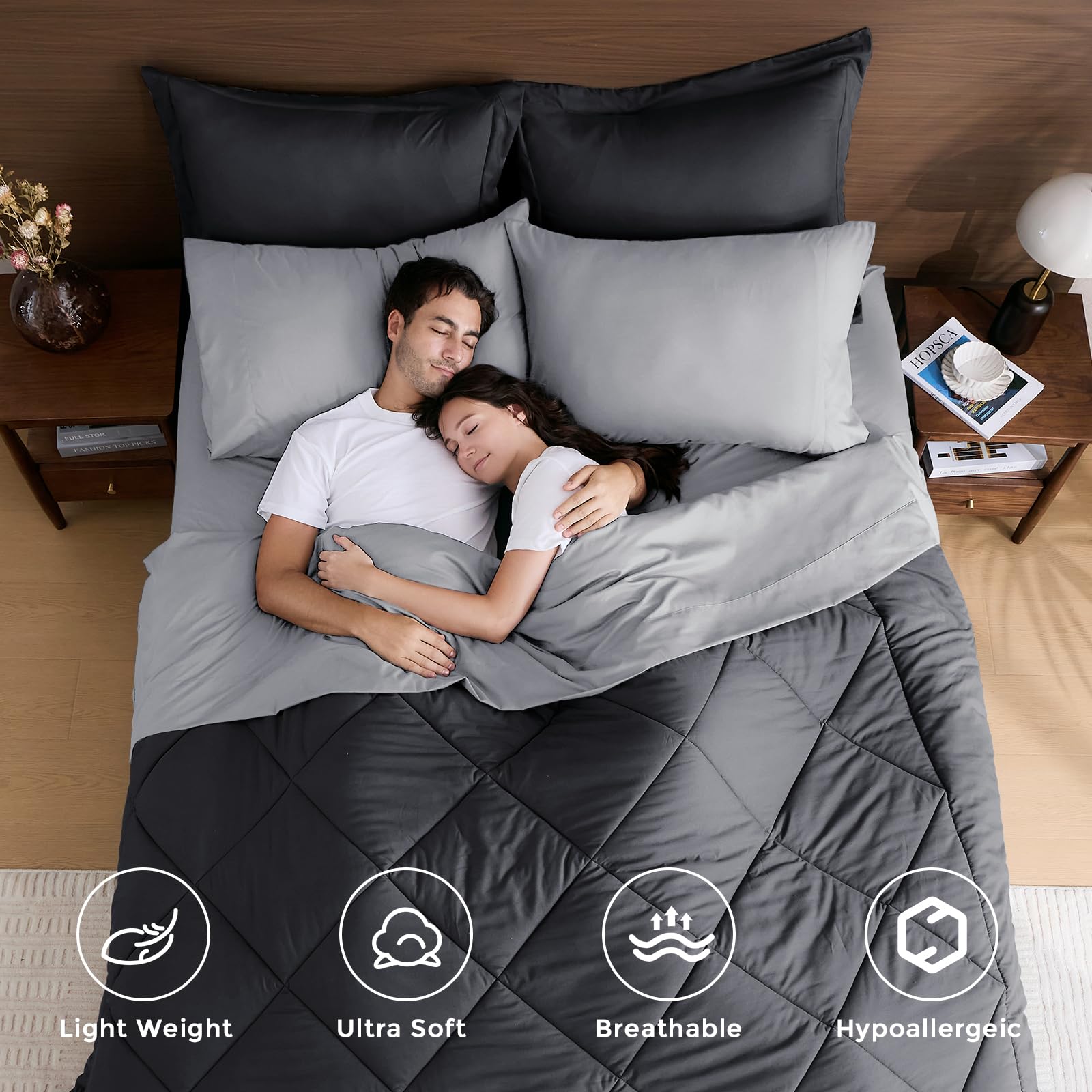 HEVUMYI Queen Comforter fabric close-up shows ultra-soft microfiber feel.