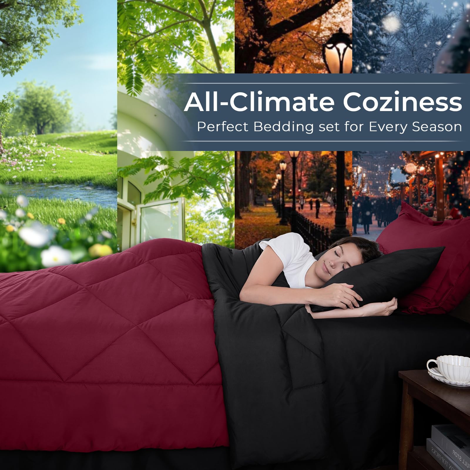 HEVUMYI Red & Black Queen set bed in a bag laid out on a bed.