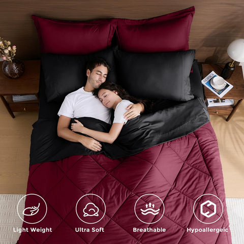 HEVUMYI burgundy bedding texture highlighting breathable all-season comfort.