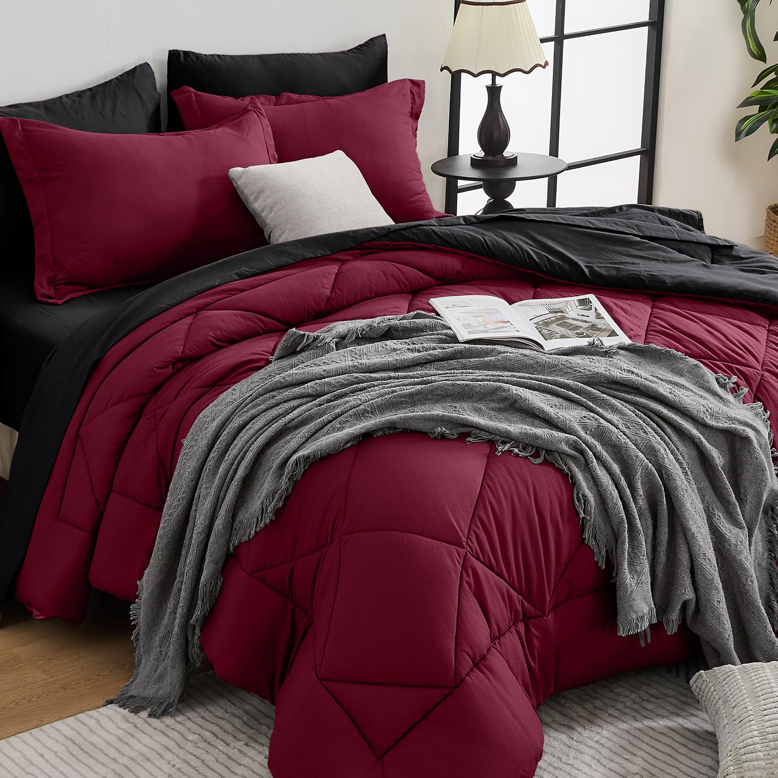 HEVUMYI Red & Black Queen Comforter Set close-up fabric texture shows cloud-like softness.