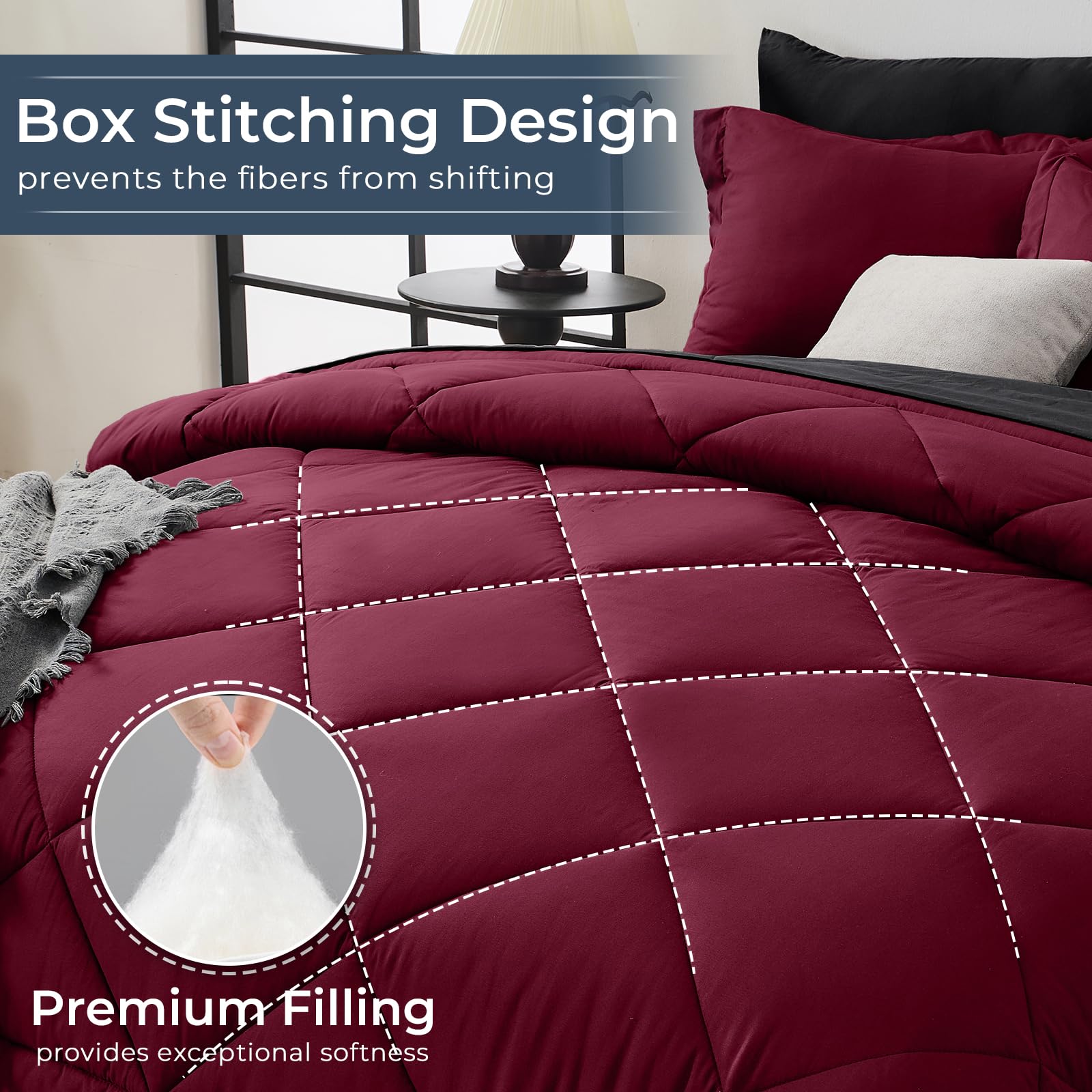 HEVUMYI two pillowcases included with burgundy accents for a coordinated look.