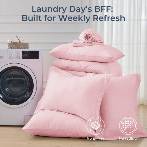 HEVUMYI Pink Queen deep-pocket fitted ensures a secure fit for thick mattresses.