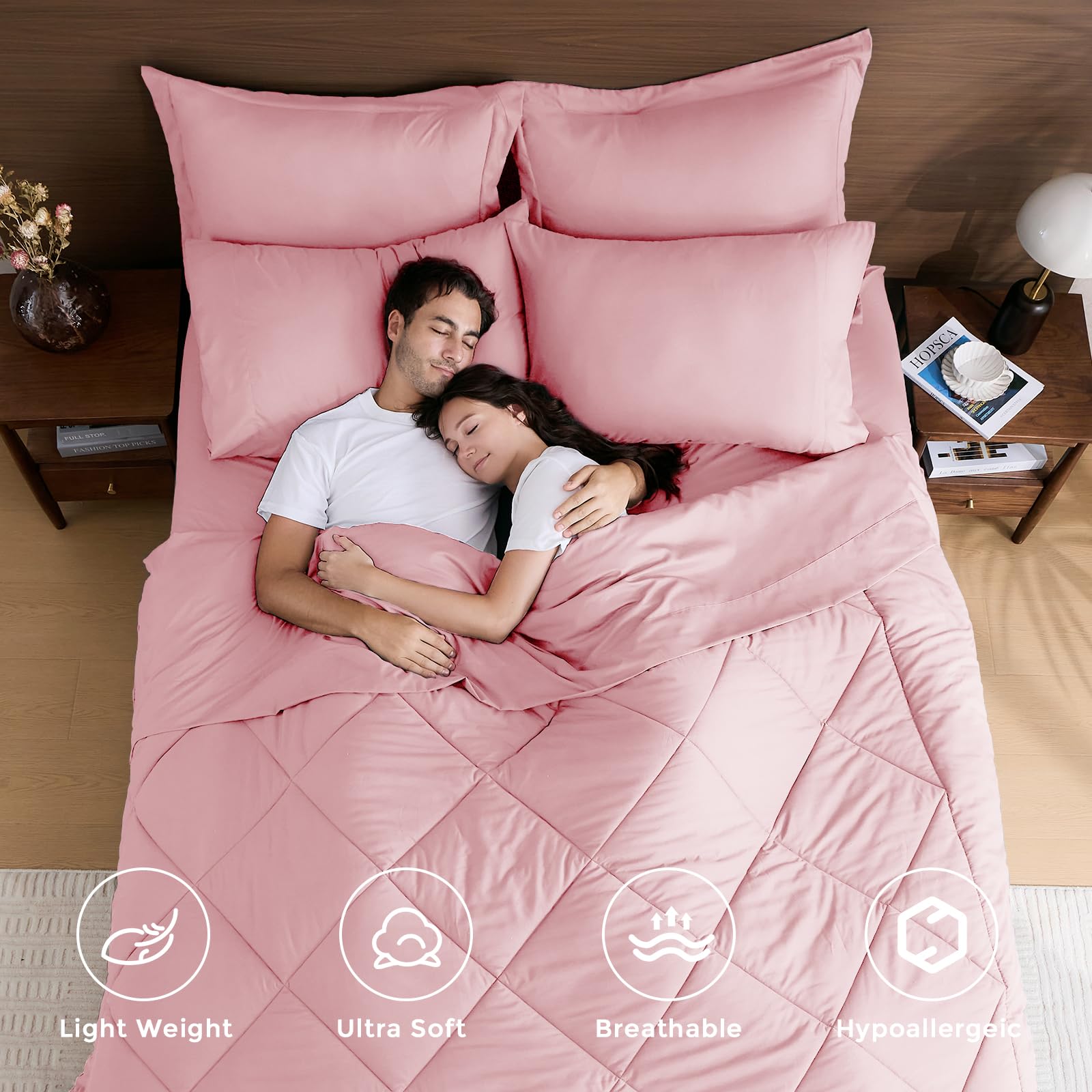 HEVUMYI Pink Queen flat sheet offers a smooth, breathable surface for restful nights.
