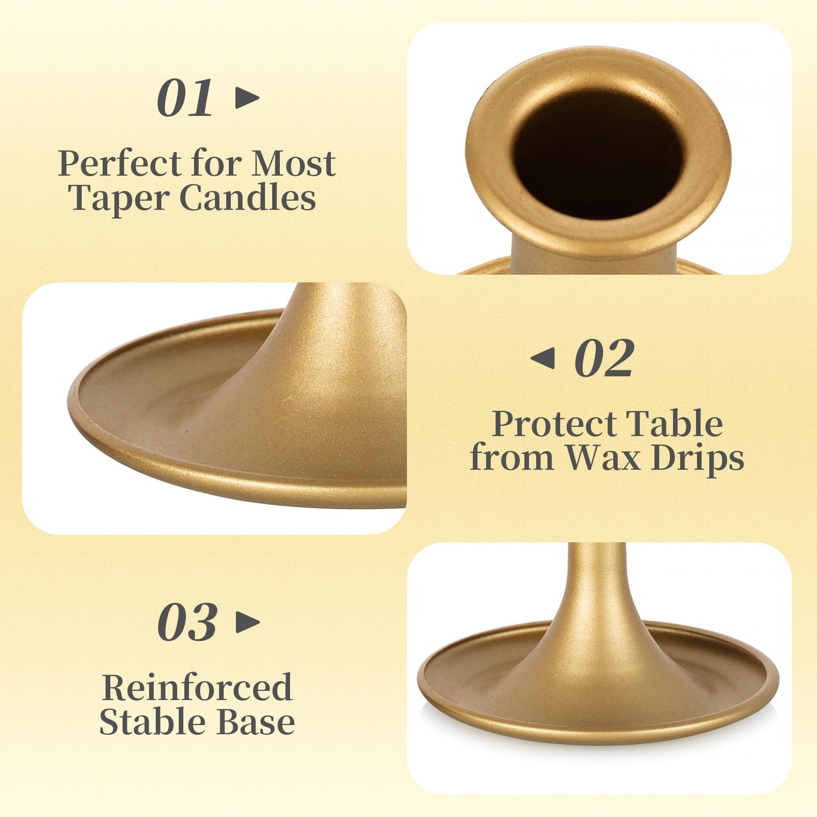 Hewory brass candlestick base with wide stable bottom protecting surfaces