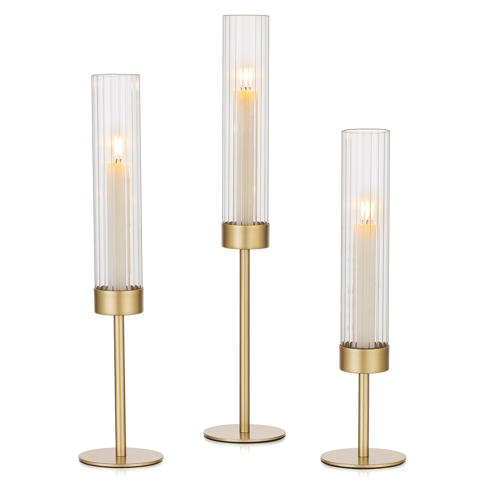 Hewory Gold hurricane candle holders set of 3 elevates tables with warm brass glow.