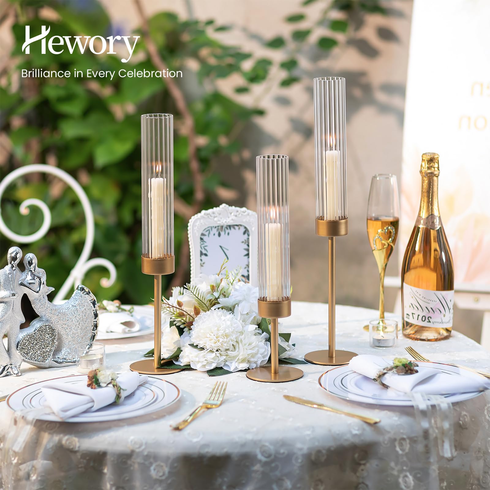 Hewory Gold hurricane candle holders feature removable hurricane glass for versatile indoor or outdoor use.