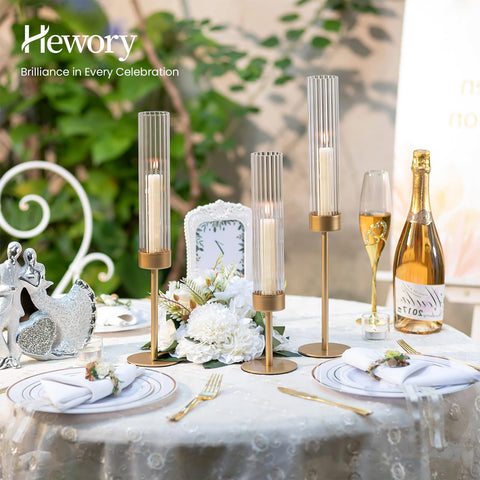 Hewory Gold hurricane candle holders feature removable hurricane glass for versatile indoor or outdoor use.