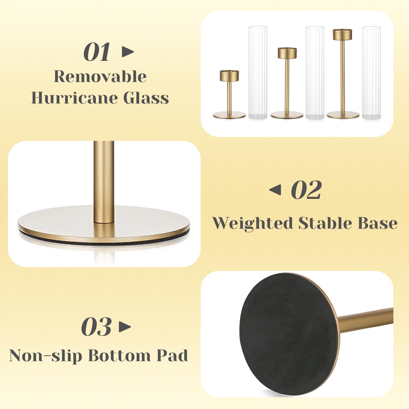 Hewory Gold hurricane candle holders offer three heights for edge-to-edge display on mantels or tables.