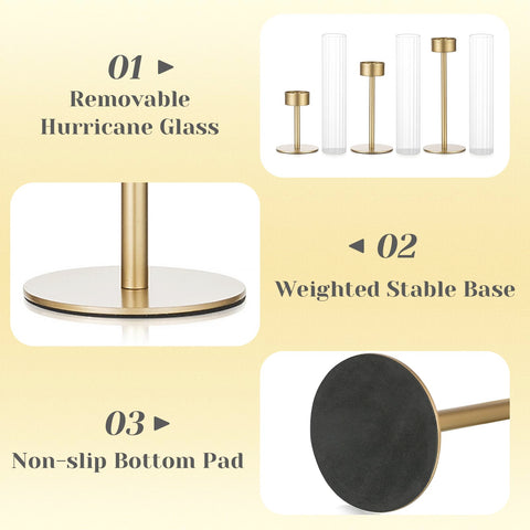 Hewory Gold hurricane candle holders offer three heights for edge-to-edge display on mantels or tables.