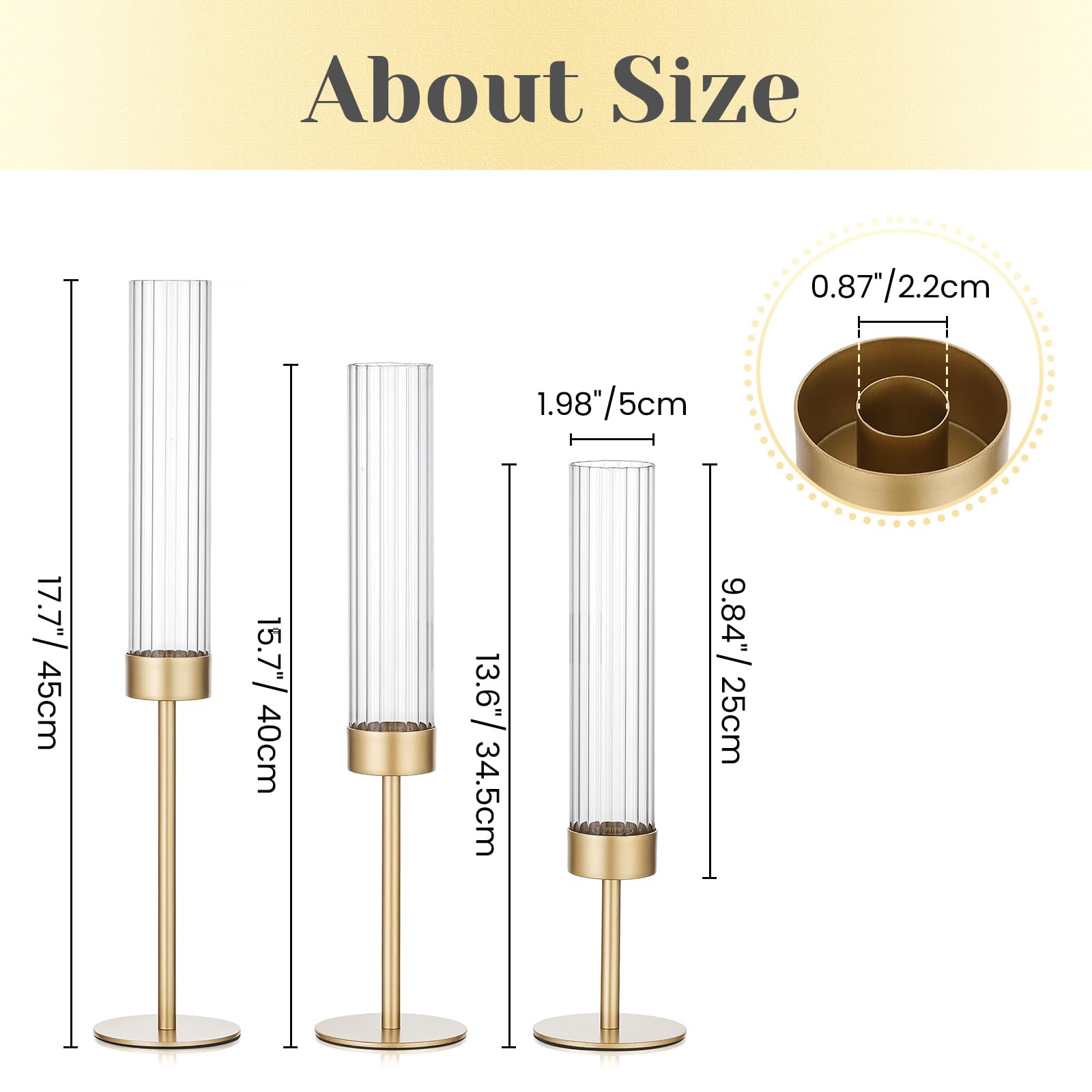 Hewory Gold hurricane candle holders' brass finish complements candlelight for weddings and holidays.