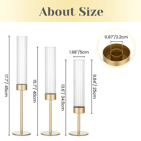 Hewory Gold hurricane candle holders' brass finish complements candlelight for weddings and holidays.