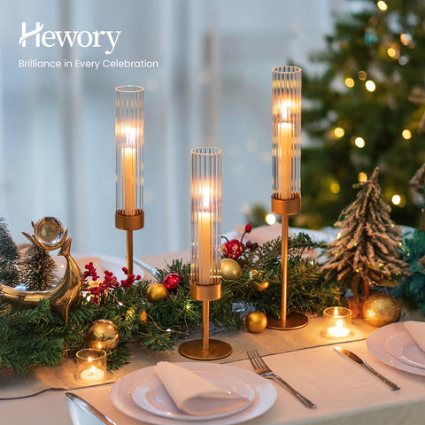 Hewory Gold hurricane candle holders trio with three heights creates dynamic centerpiece arrangements.