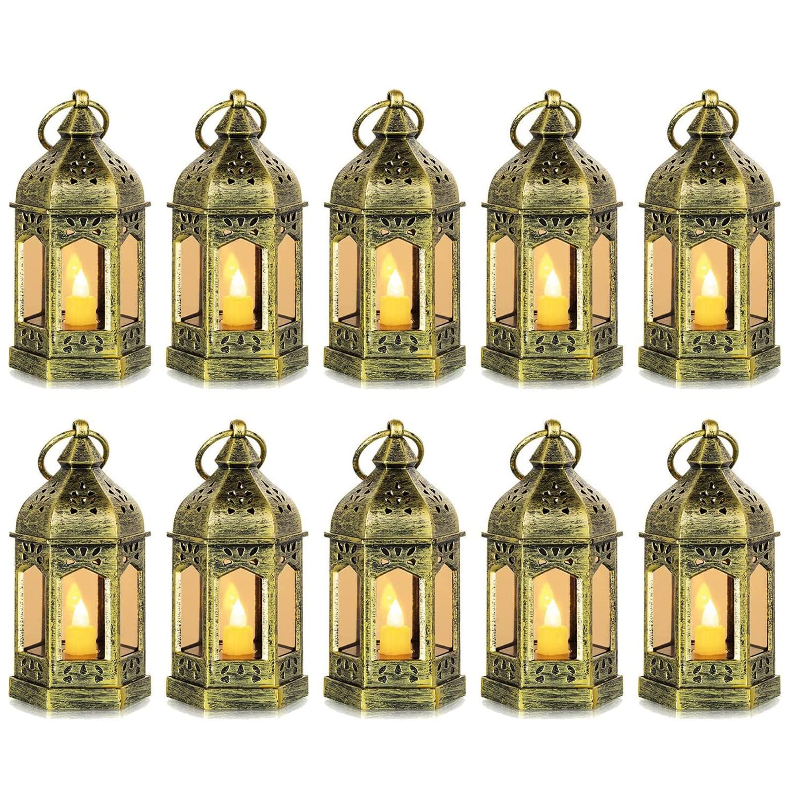 Hewory gold mini lantern with Moroccan hexagon design for chic decor.