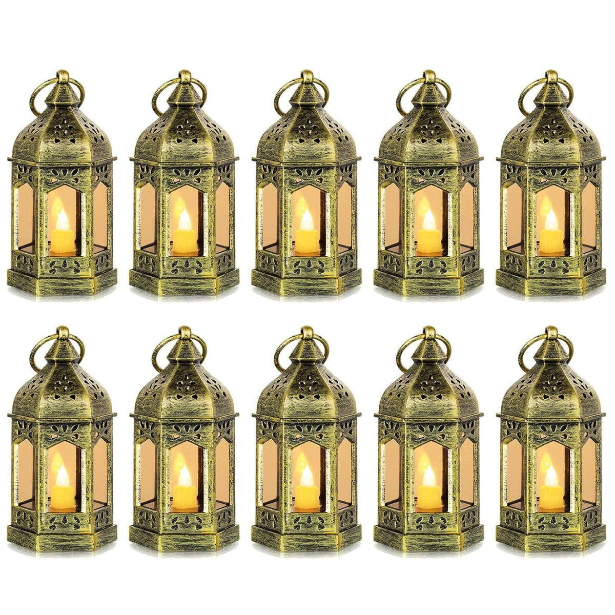 Hewory gold mini lantern with Moroccan hexagon design for chic decor.