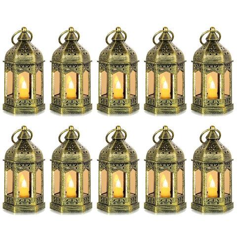 Hewory gold mini lantern with Moroccan hexagon design for chic decor.