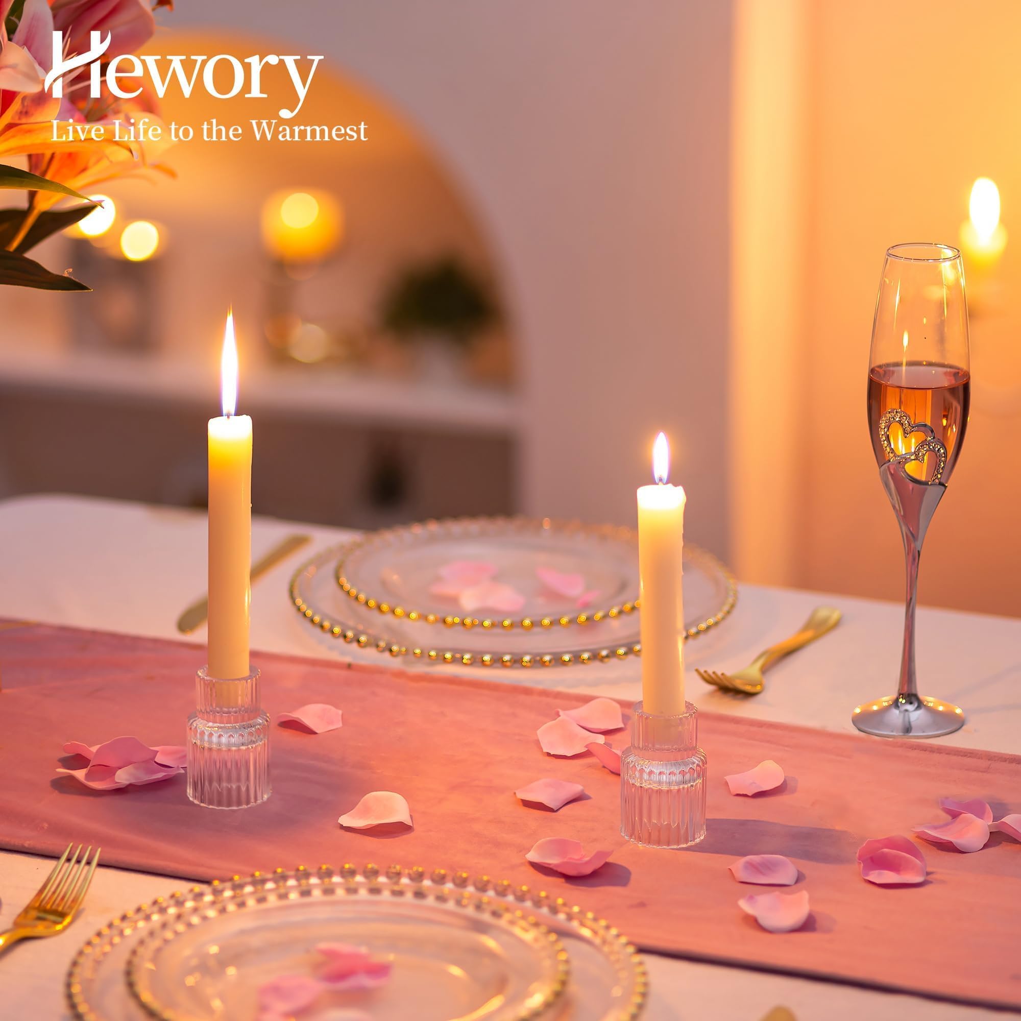 Hewory table centerpiece candle holder blends with dining decor.