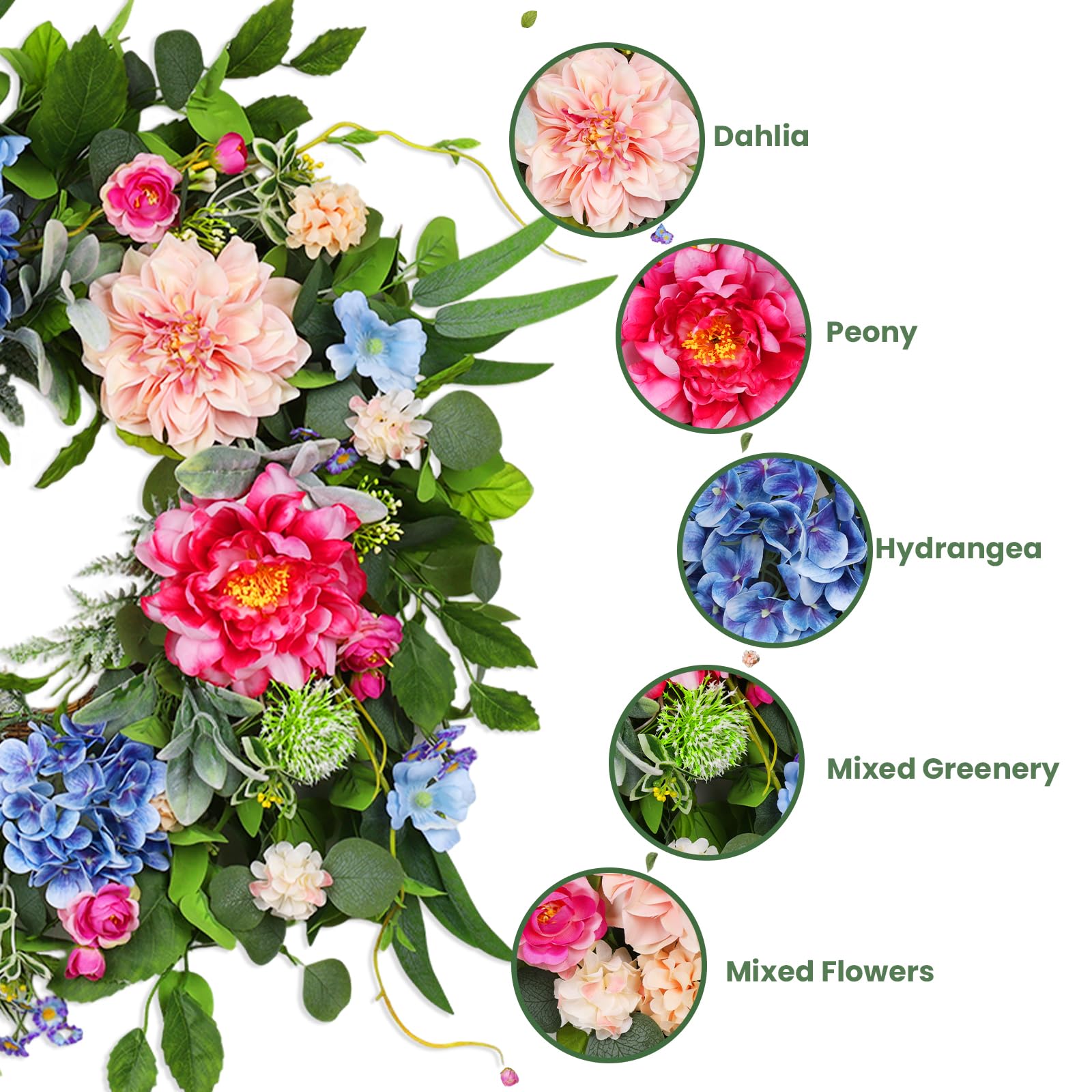 HEY BEKY 24-inch spring wreath close-up of petals and greenery for vibrant detail