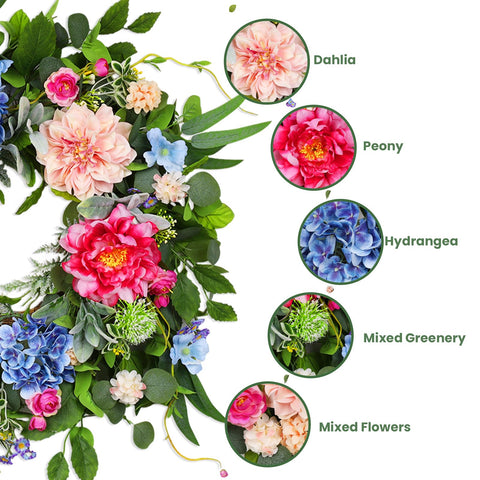 HEY BEKY 24-inch spring wreath close-up of petals and greenery for vibrant detail
