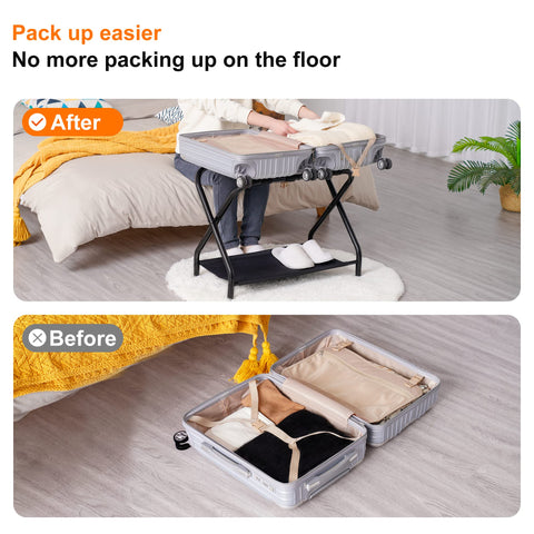 Heybly luggage rack setup in a bedroom for easy luggage access.