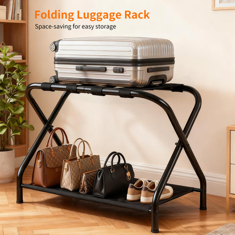 Heybly luggage rack folded dimensions show slim footprint for compact closets.