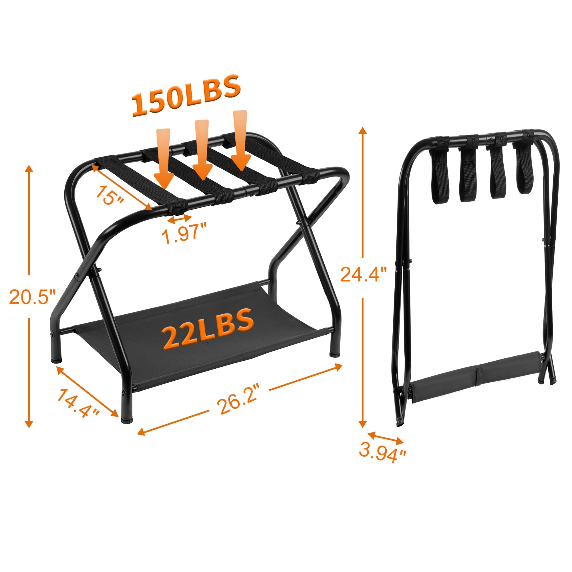 Heybly luggage rack for hotel-style setup in guest rooms and suites.