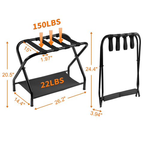 Heybly luggage rack for hotel-style setup in guest rooms and suites.