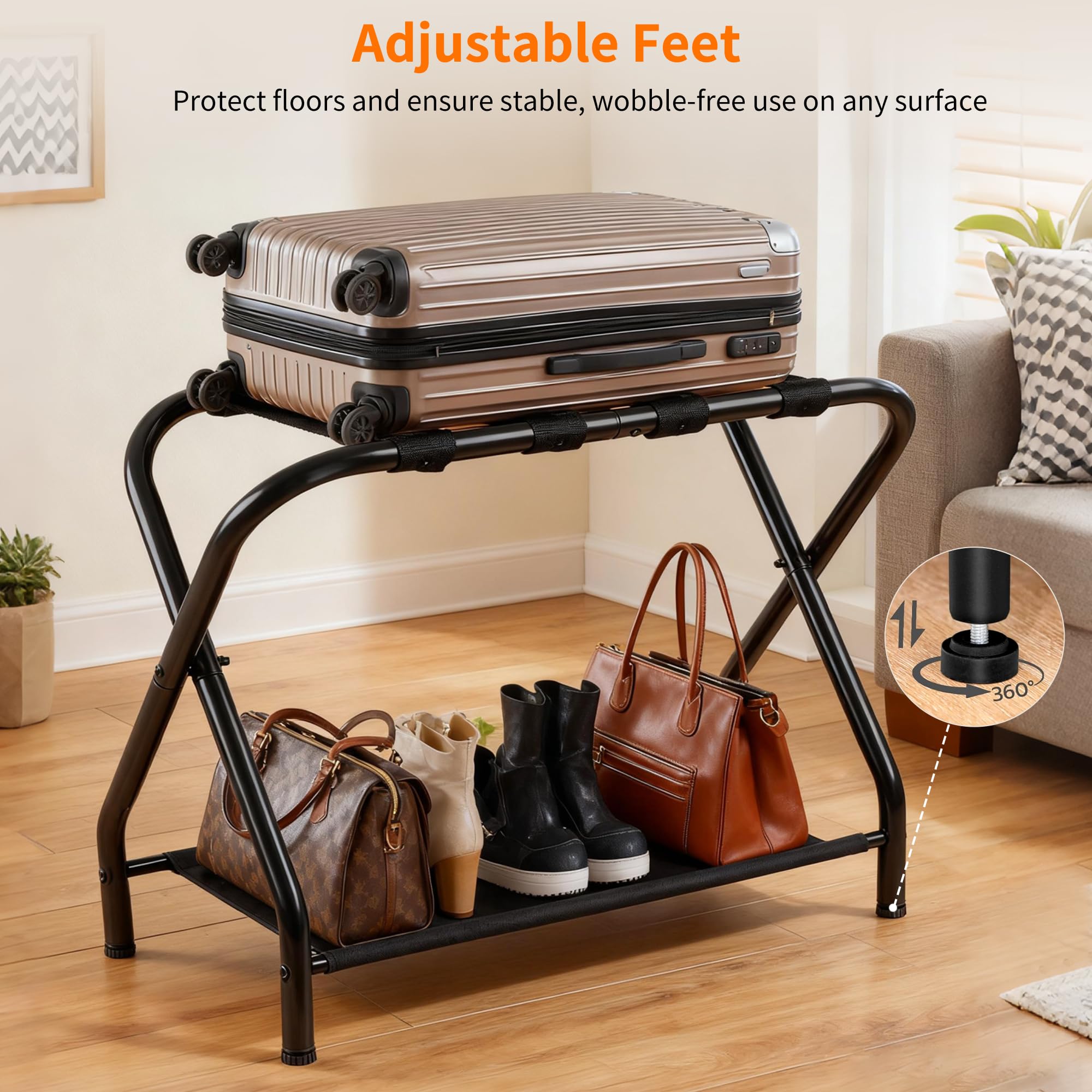 Heybly luggage rack in-use with suitcase demonstrates hotel-style convenience at home.