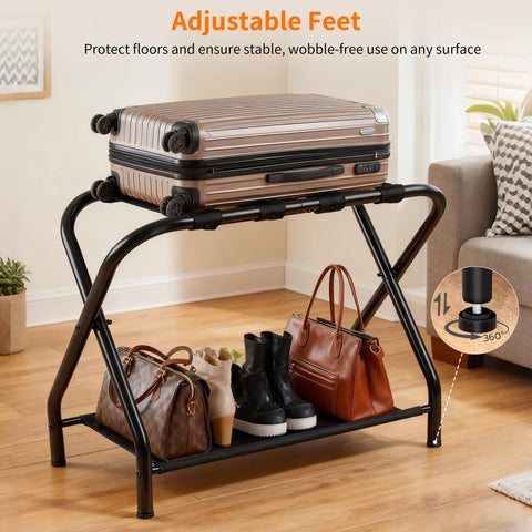 Heybly luggage rack in-use with suitcase demonstrates hotel-style convenience at home.