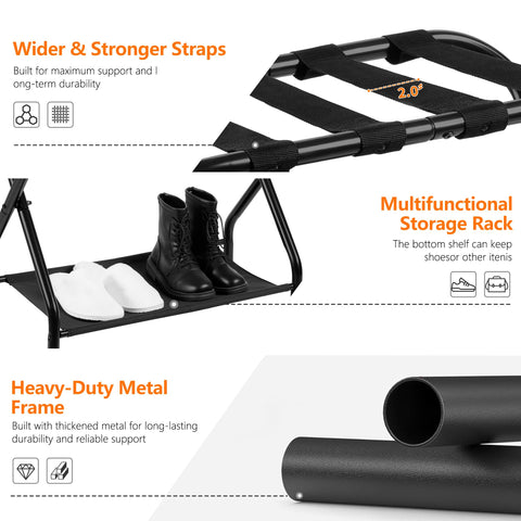 Heybly luggage rack with storage shelf holds bags and shoes beside the bed.