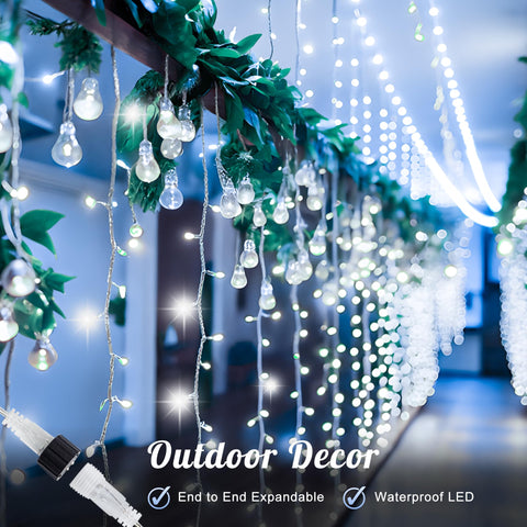 HEYFUNi cool white curtain lights create a clean, modern decor vibe