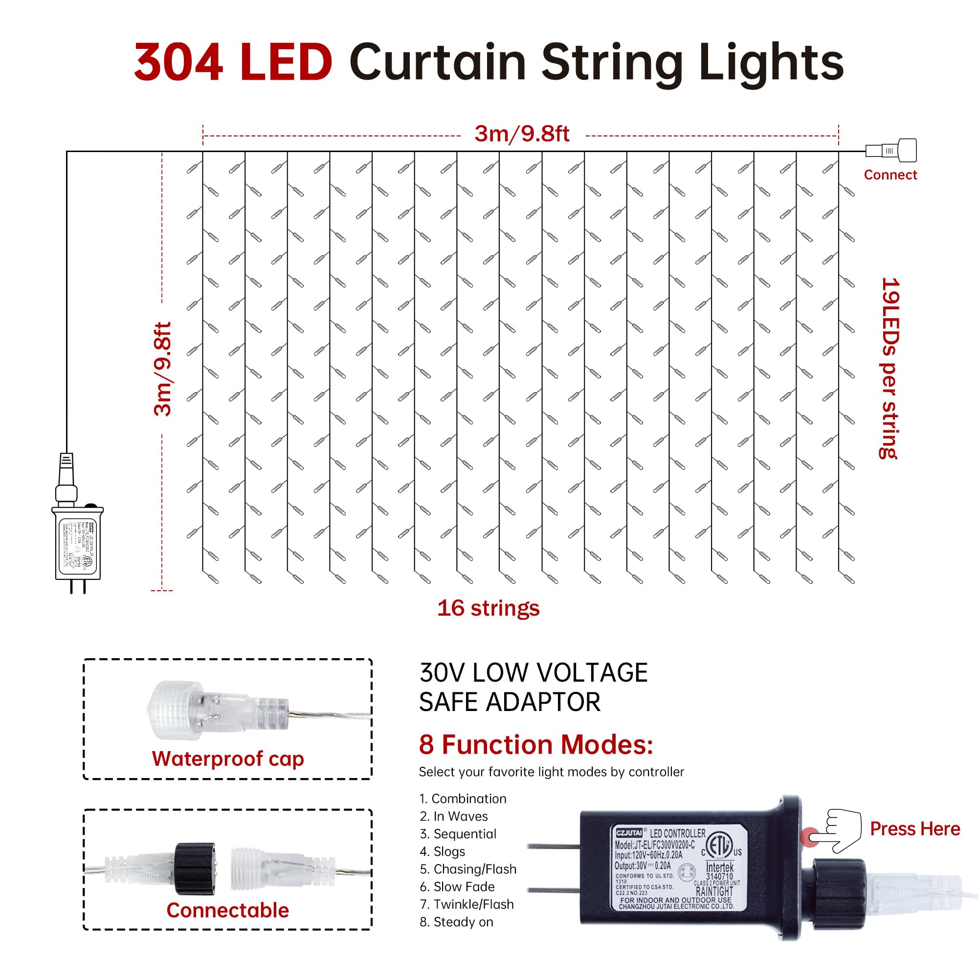HEYFUNi IP44 waterproof curtain lights suitable for indoor or sheltered outdoor use