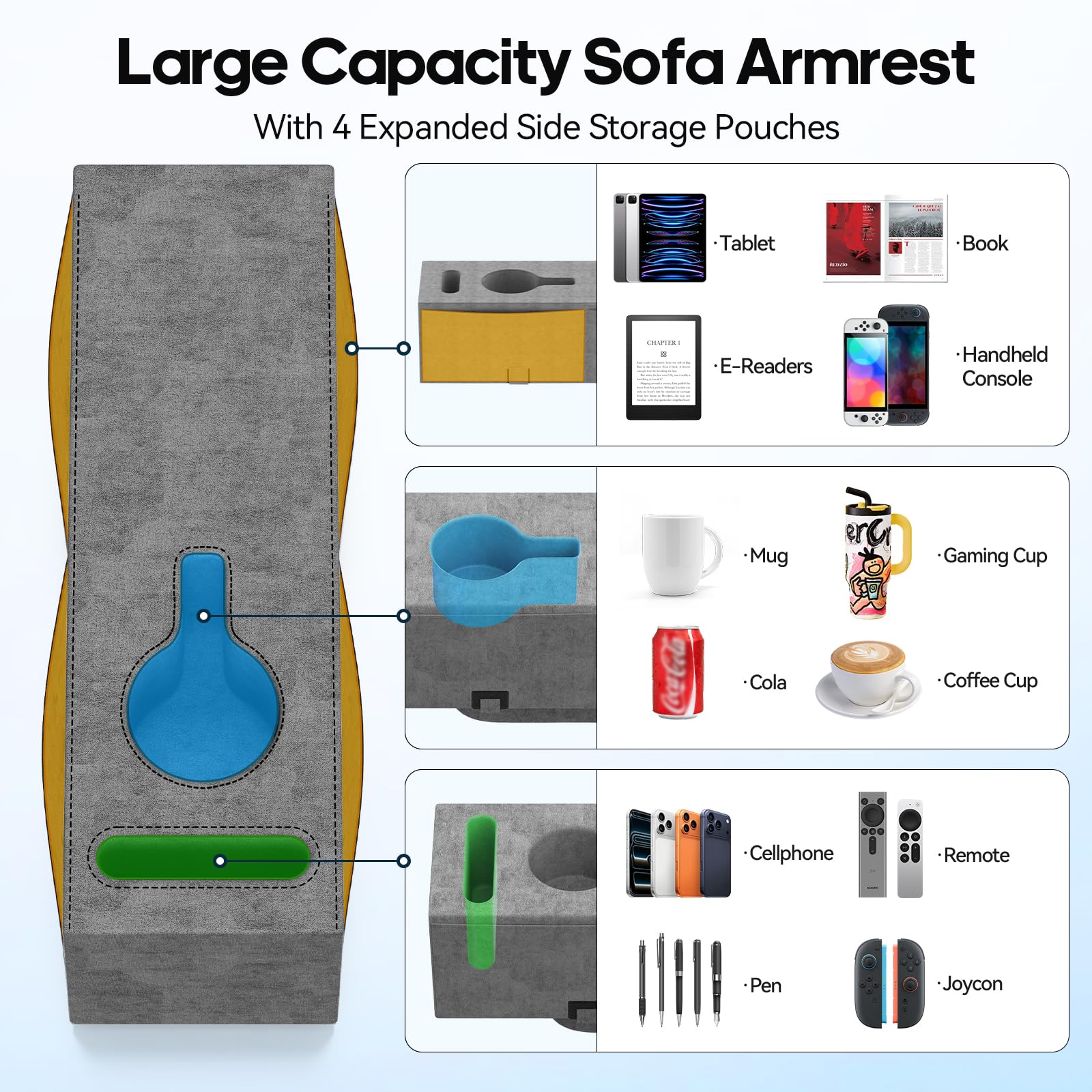 Heyife removable armrest insert tray between cushions for flexible setup.