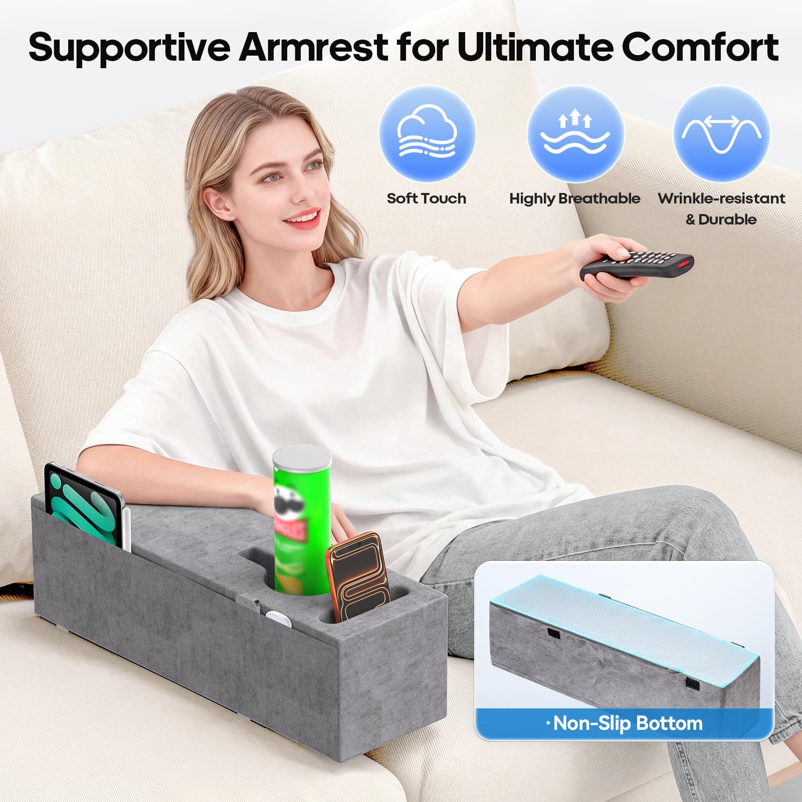 Heyife couch armrest table with cup holder for drinks.