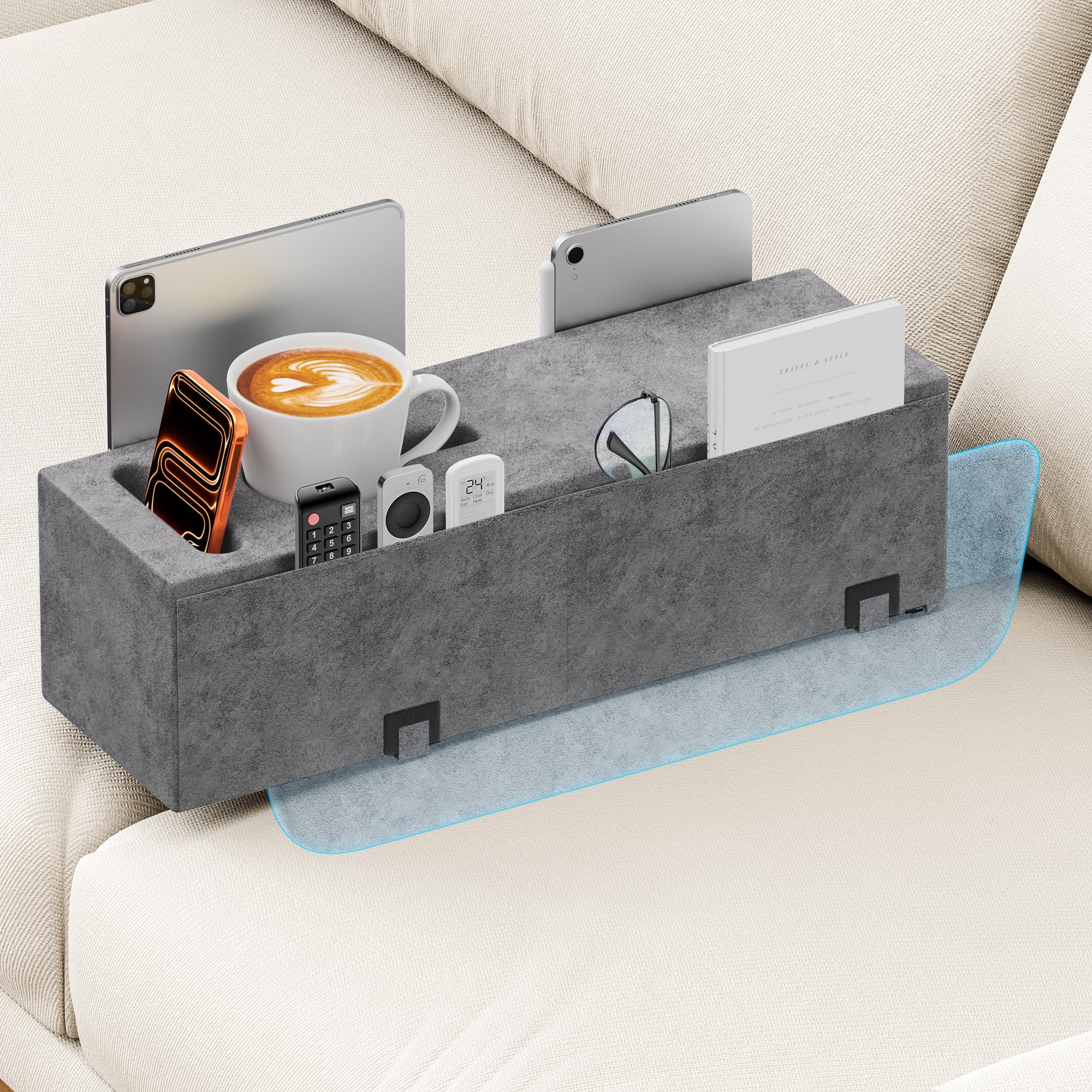 Heyife sofa armrest caddy with four pockets keeps remotes organized.
