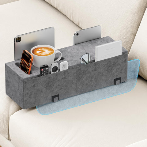 Heyife sofa armrest caddy with four pockets keeps remotes organized.