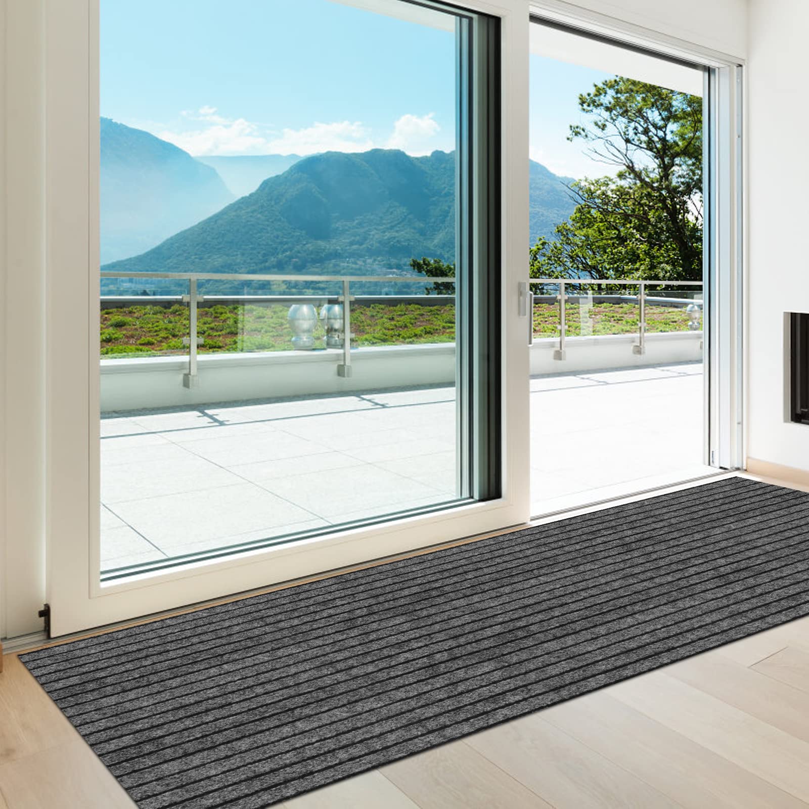 Heyroll custom-size hallway runner in stripe gray, ideal for tailored hallway styling.
