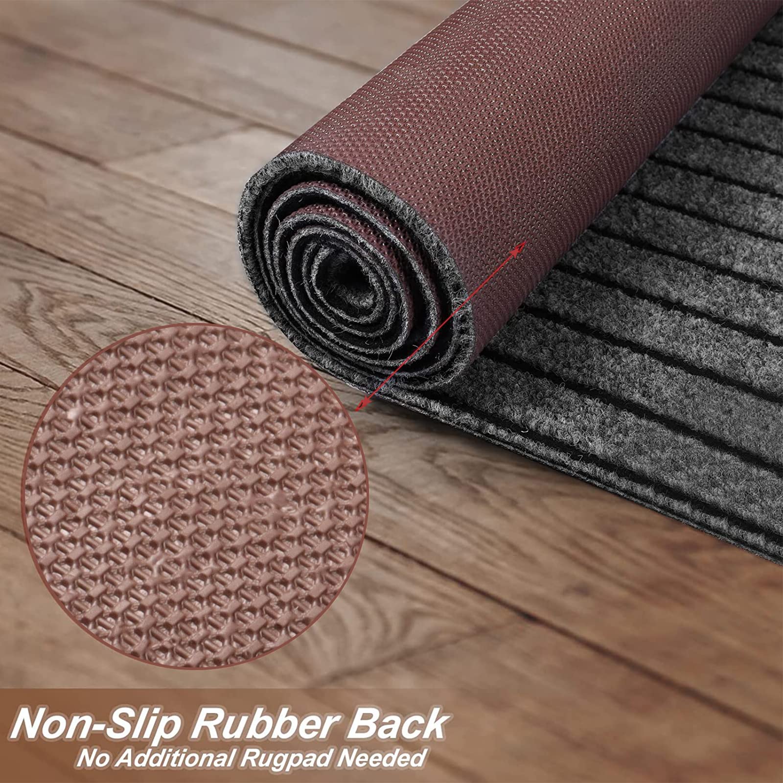 Heyroll indoor-outdoor stripe gray runner adding style to entryway or patio.