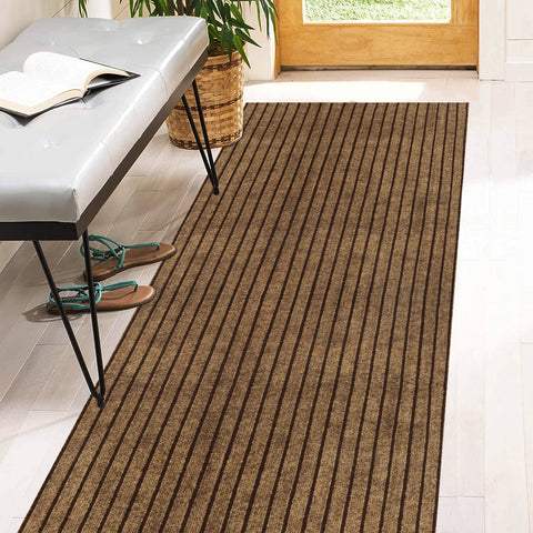 Heyroll two-by-six stripe brown rug with rubber backing for high-traffic entrances.