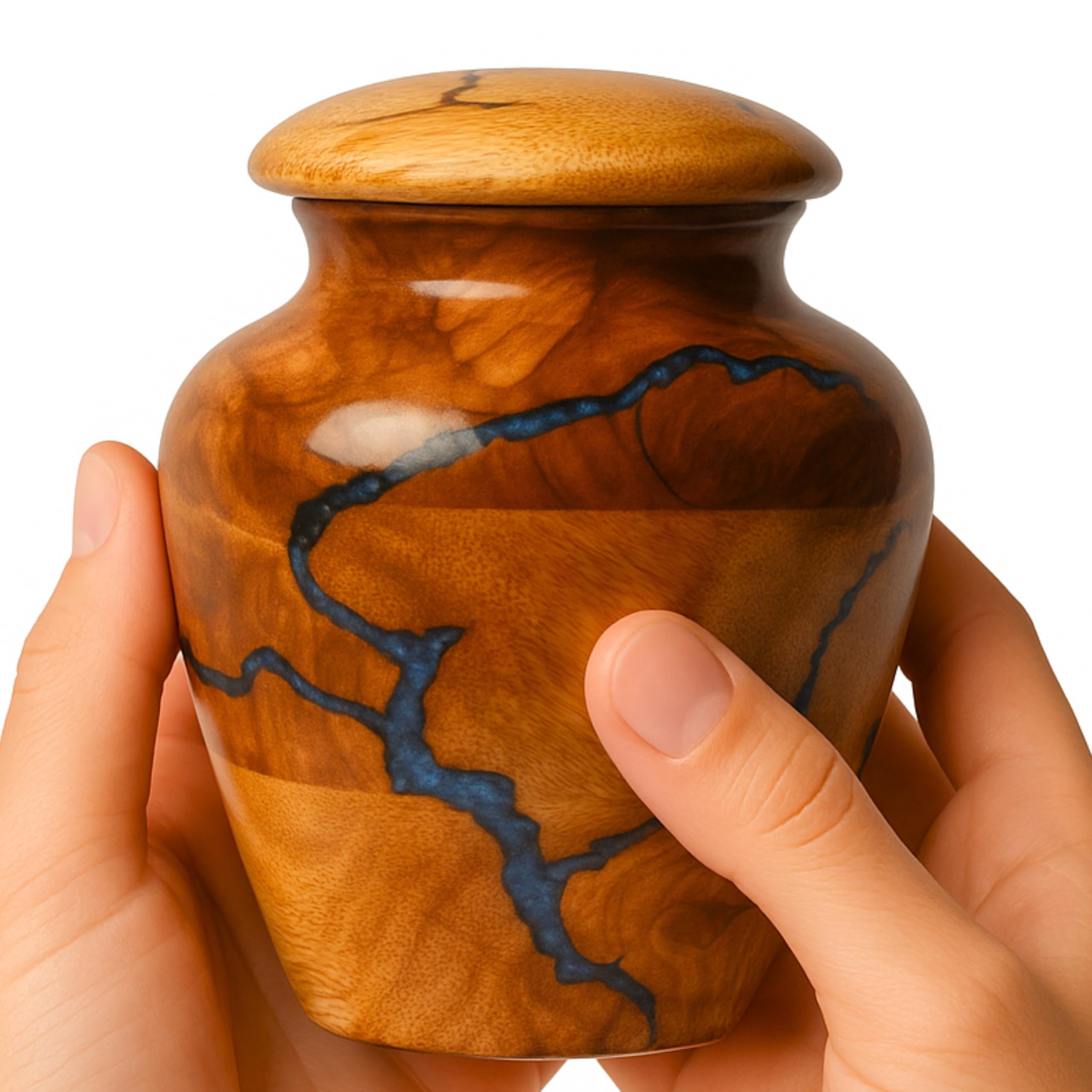 HEYTREND small mango wood keepsake urn with fractal burn design for elegant memorial decor