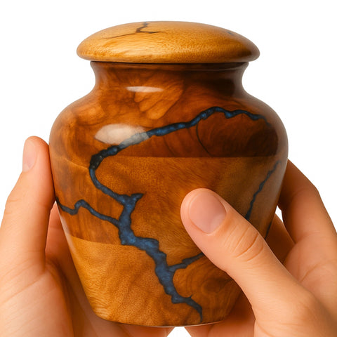HEYTREND small mango wood keepsake urn with fractal burn design for elegant memorial decor
