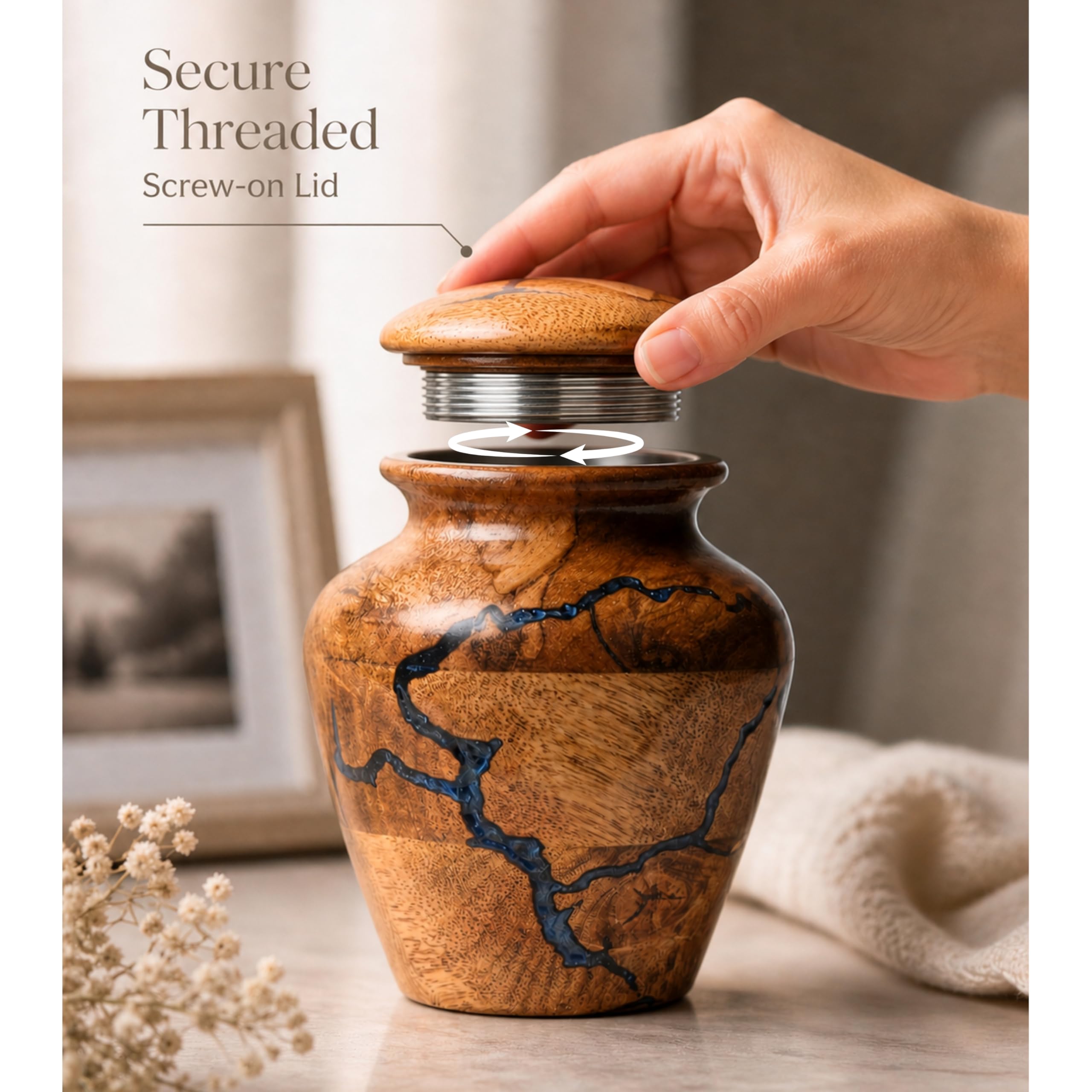 HEYTREND urn close-up shows fractal burn lines and resin depth for refined shine