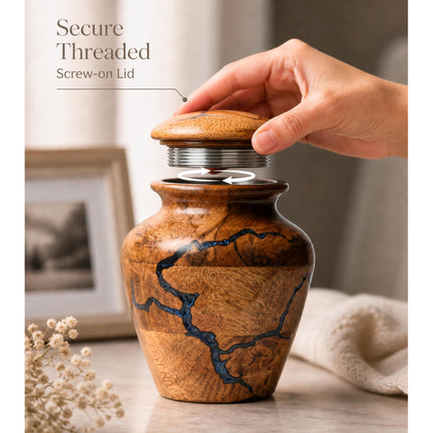 HEYTREND urn close-up shows fractal burn lines and resin depth for refined shine