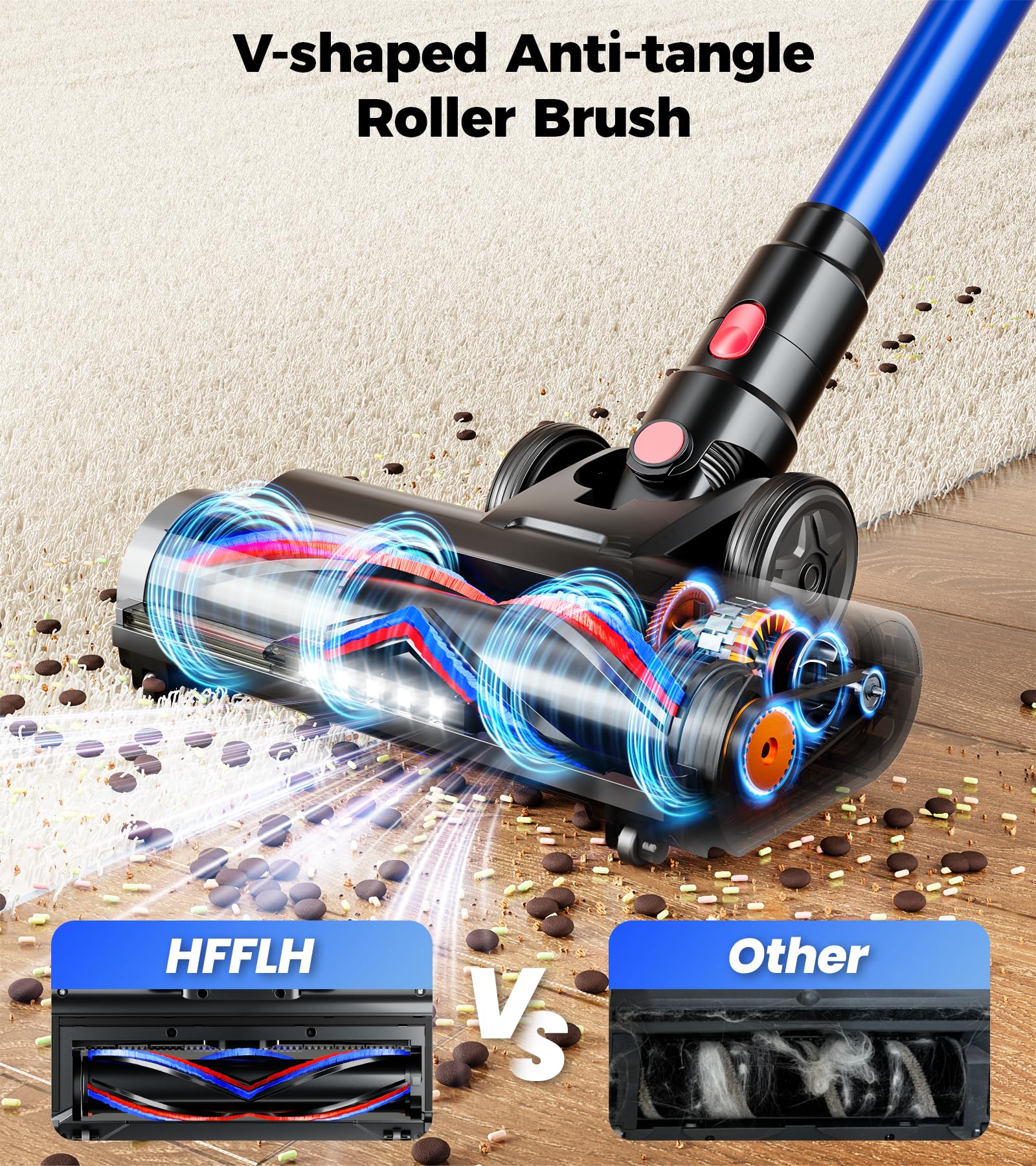 HFFLH vacuum displays battery and mode status on a color LED screen.