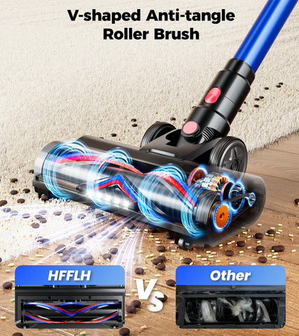 HFFLH vacuum displays battery and mode status on a color LED screen.