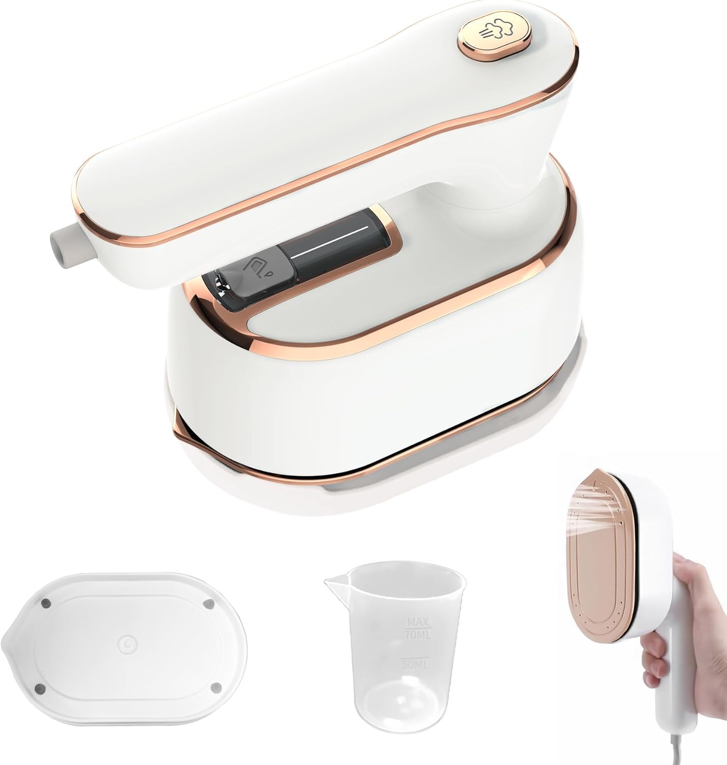 HFLYJPYW mini steam iron with foldable handle, compact travel companion for wrinkle-free clothing.