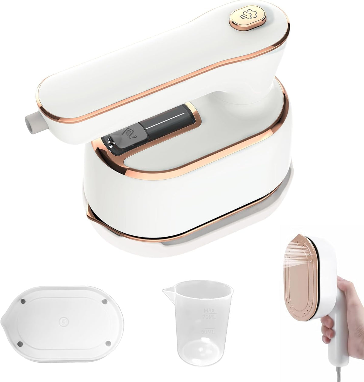 HFLYJPYW mini steam iron with foldable handle, compact travel companion for wrinkle-free clothing.