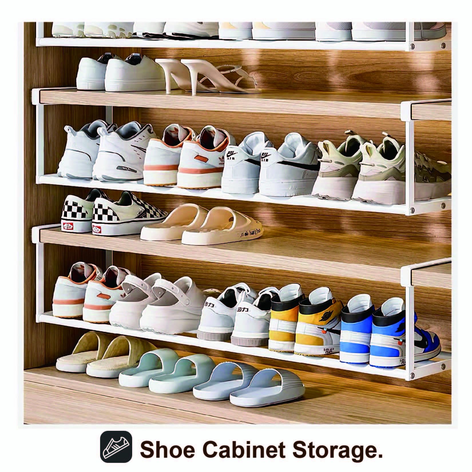 HGZBS Expandable Shoe Rack organized solution above shelves for clear access.